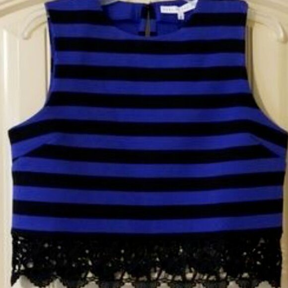 English Factory Blue and Black Lace Hem Crop Top - Picture 4 of 4